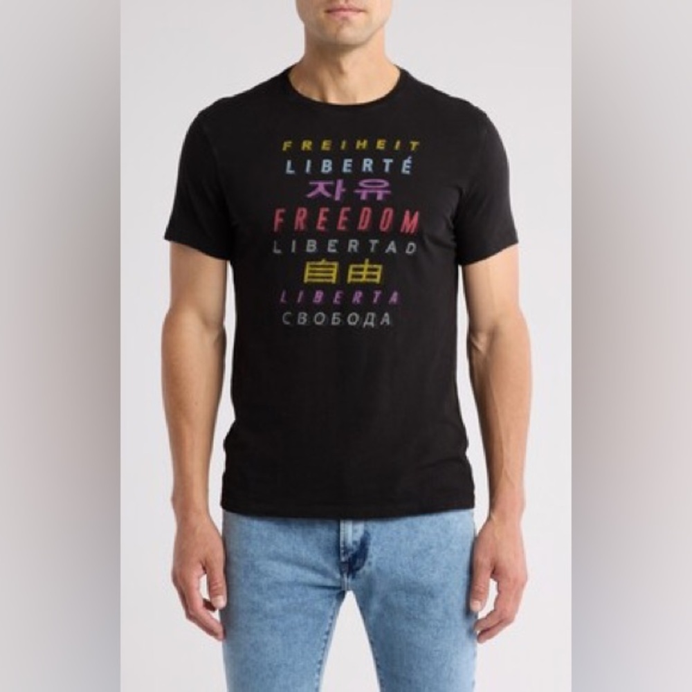 John Varvatos Graphic Black T-Shirt with Multilingual Freedom Print / Tags On